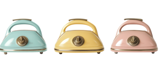 Three Vintage Pastel Colored Kettles with Metallic Accents on Transparent Background