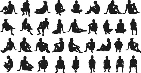 People silhouettes sitting, human figures collection, casual poses, vector illustration, men and women sitting, black outline, lifestyle design, crowd artwork