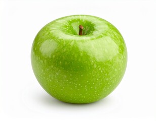 A vibrant green apple, freshly picked and gleaming under studio lights, showcasing its smooth skin and healthy appearance on a clean white background