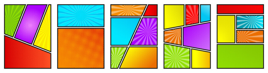 Comic book page templates with bright halftone backgrounds in red, blue, yellow, green, and purple cartoon layouts