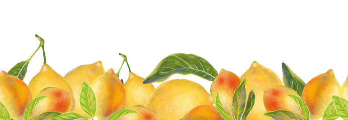 Watercolor style panoramic seamless banner illustration of lemons branch with lush green leaves. Citrus fruits are perfect for food packaging, summer designs, kitchen decor, recipe books.
