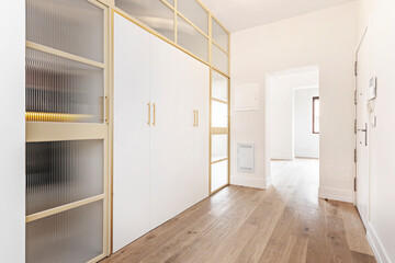 Boutique interior design: white doors with gold metal frames and translucent glass Beveled