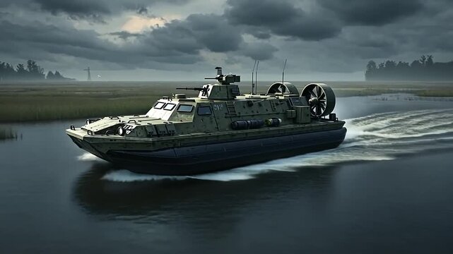 Military hovercraft navigating through misty marshland