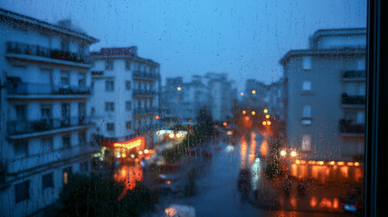 Obraz premium Cozy rainy view from a window in the city
