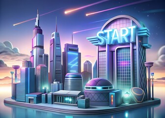 Futuristic cityscape with neon start sign, showcasing modern architecture, digital art, and abstract design in a vibrant urban setting at night