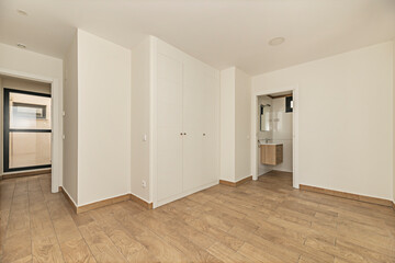 Undecorated guest room with white wooden cabinets with a silent system, perfect for bedrooms that require quiet