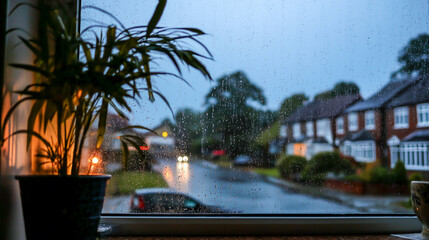 Naklejka premium Rainy day view from a cozy window indoors