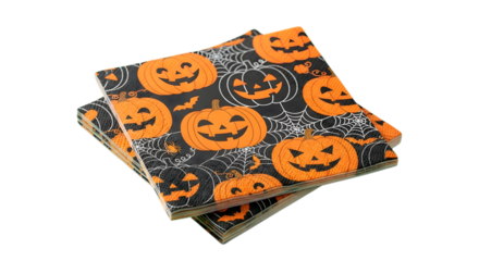Spooky Halloween party napkins featuring grinning jack-o'-lanterns, bats, and intricate spiderwebs create a festive and fun atmosphere for celebrations.