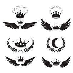 Collection of crown and wing logos with laurels and moon