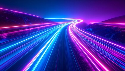 Neon highway through a night landscape