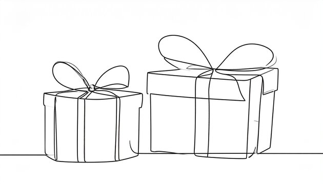 Continuous line art drawing of two gift boxes with bows. Minimalist design for presents, celebrations, and special occasions. - Powered by Adobe