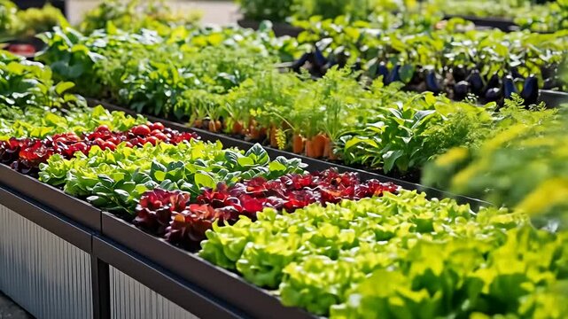 Elevated garden beds brimming with colorful lettuce, beets, carrots, herbs and eggplants