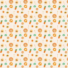 The image is a seamless food-themed pattern featuring pizzas, burgers, fries, chat bubbles, and utensils in a playful, colorful design.