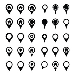 Collection of black map pin icons with various house and location symbols