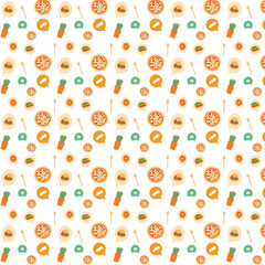 The image is a seamless food-themed pattern featuring pizzas, burgers, fries, chat bubbles, and utensils in a playful, colorful design.