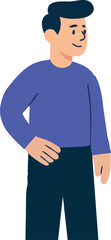 A flat-style illustration of a man with dark hair, wearing a purple shirt and dark pants, standing confidently with one hand on his hip and a slight smile.