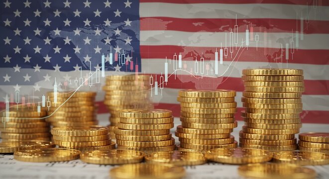Stacks of gold coins in the foreground with the US flag in the background and a stock chart overlay