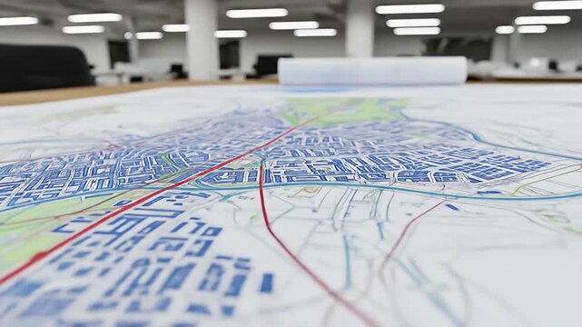 Blueprint of a detailed city map with roads and buildings on a large table