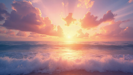 Fototapeta premium Sunset over ocean with vibrant orange and pink clouds sun rays reflecting on water with foamy waves and blue sky