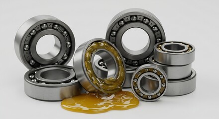 Close-up of metal ball bearings with a yellow liquid spill