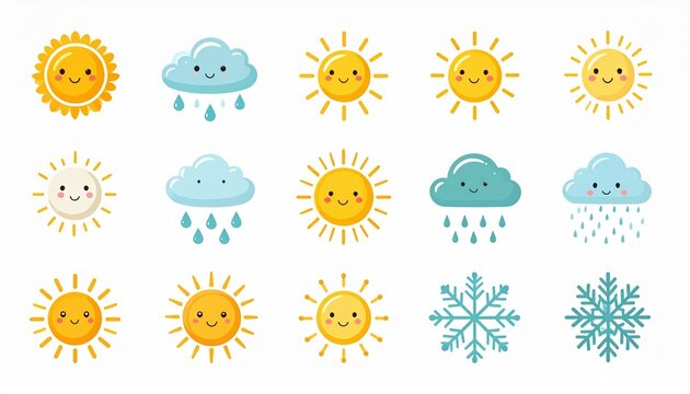 Childlike vector set of cute weather icons featuring happy suns, smiling rain clouds, and blue snowflakes for design.