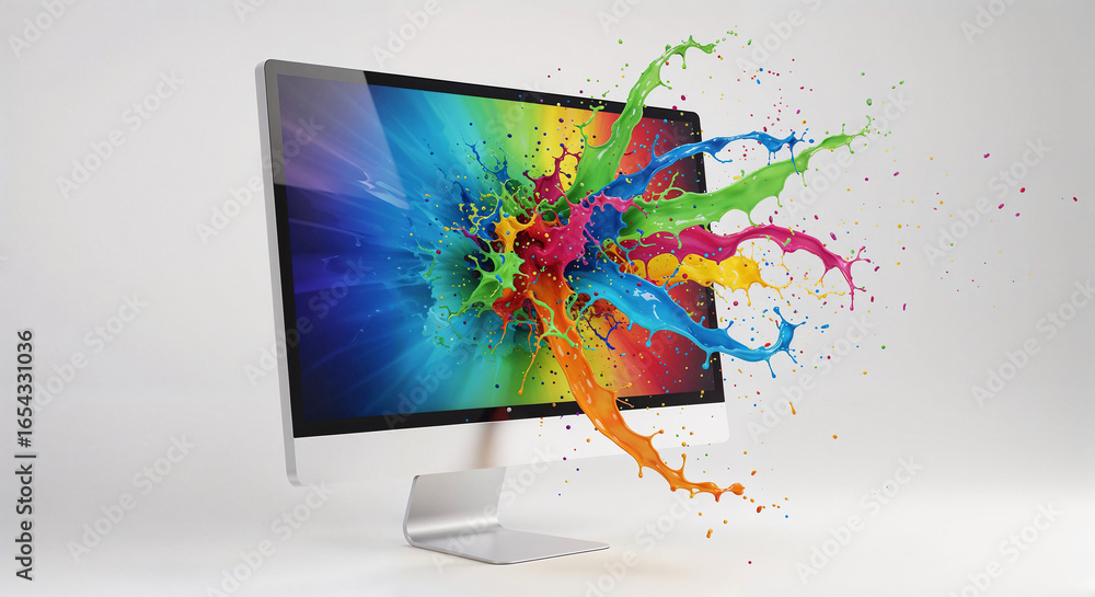 Aufkleber liquid paint splashes from computer monitor . Generative AI