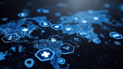 Global digital health network.  Overlay of world map with glowing, interconnected hexagons containing medical and security symbols.  Dark background with deep blue light effects