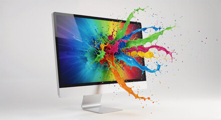 liquid paint splashes from computer monitor . Generative AI
