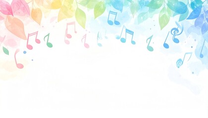 Watercolor leaves and musical notes border in rainbow colors on a white background, gentle artistic illustration for music, spring, or celebration.