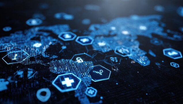 Global digital health network.  Overlay of world map with glowing, interconnected hexagons containing medical and security symbols.  Dark background with deep blue light effects