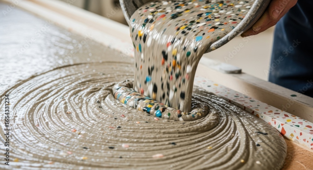 Poster tracking shot following pouring sequence of terrazzo countertop resin blend into form illustrating m