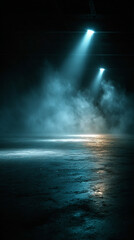 Dark asphalt street with smoke and neon lights, illuminated by spotlights and rays, creating a dramatic, empty urban nighttime scene.