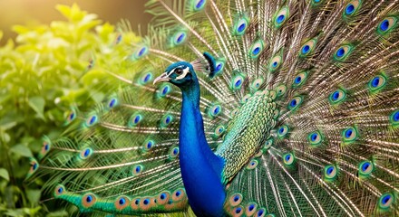 Proud Peacock Wide Shot with Regal Morning Light and Repetitive Patterns