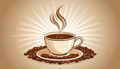 Warm steaming coffee cup with whole roasted coffee beans on a saucer, graphic illustration on a radiant brown background