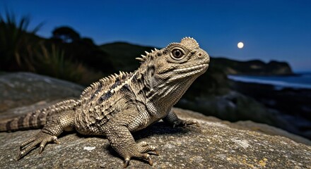 Rare Tuatara Portrait, Ancient Tracking Shot in Moonlit Scene