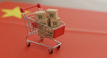 A shopping cart filled with small boxes on a red surface The Chinese flag is in the background
