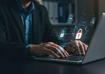 Secure data protection and network security systems. VPN connections and zero trust security. Man using laptop computer with an encrypted data security system . Generative AI