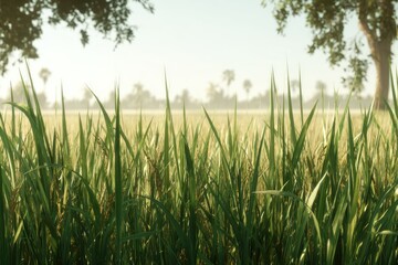 Obraz premium Lush green rice paddy field at dawn