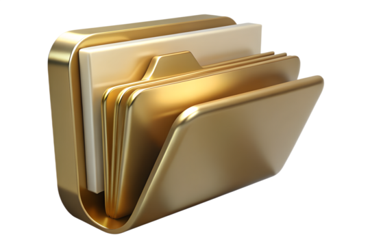 Photo of golden folder with documents isolated on transparent background