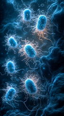 3D microscopic view of blue bacteria, highlighting cellular shapes and textures, scientific and biological concept for research or educational purposes.