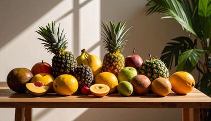 A vibrant and colorful assortment of fresh tropical and common fruits beautifully arranged on a wooden table, bathed in natural sunlight, creating an inviting and healthy display