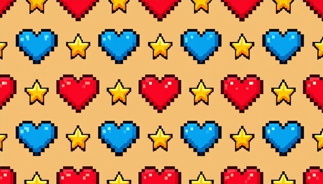 Pixel art seamless pattern with red and blue hearts and golden stars. Retro 8-bit video game style design. Vintage gaming background.
