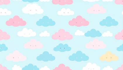 Adorable seamless pattern with cute pastel clouds on a light blue sky background. Perfect for baby, kids, nursery, or whimsical design.