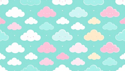 Cute pastel clouds seamless pattern on teal background. Dreamy sky wallpaper, whimsical design for baby decor, nursery, or kids' projects.