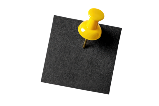 A dark gray sticky note with a bright yellow pushpin