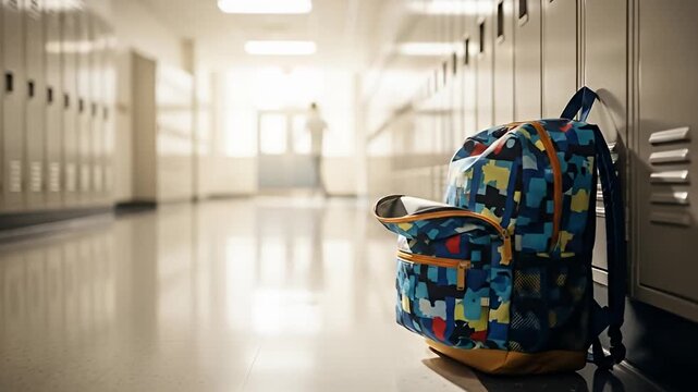 Backpack rests against lockers in a school hallway, figure walking in the distance