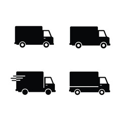 Four black silhouettes of delivery trucks on a white background