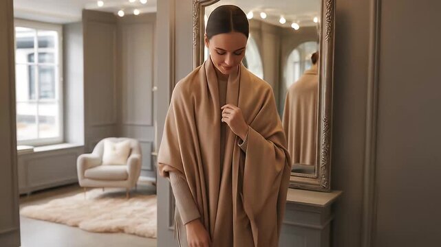 elegant woman wearing luxurious cashmere wool shawl