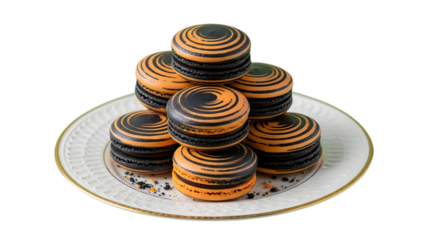 Captivating stack of Halloween-themed macarons featuring striking orange and black swirl designs on a decorative plate, perfect for festive celebrations and culinary themes.