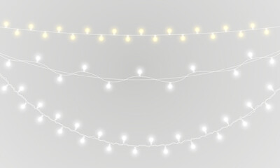 PNG gold garland and shiny string lights on transparent background for winter holiday banner with...